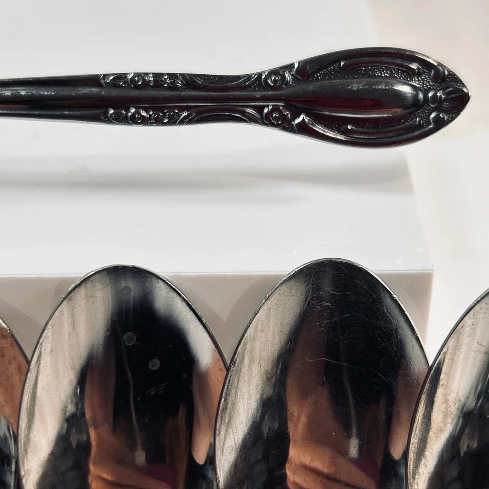 Vintage National Stainless Japan Soup Spoons Floral Scroll Silverware‎ Set of 7